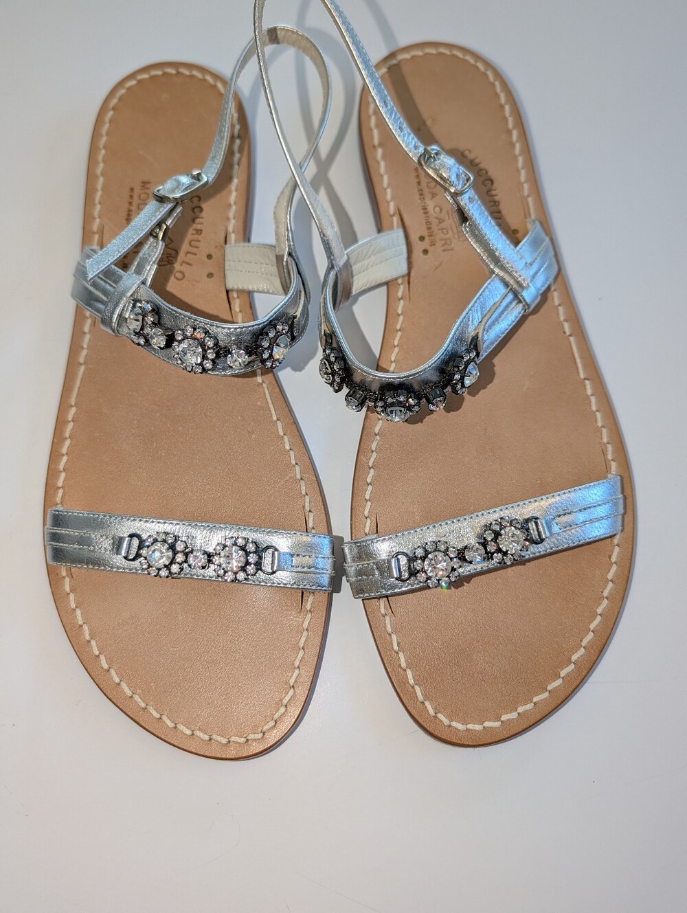 Cuccurullo Moda Capri Leather And Jeweled Strap Sandals, Size 42 EU, Silver